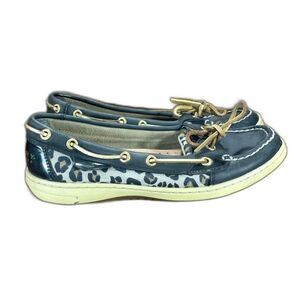 Sperry Navy and Tan Flats with Leopard Print